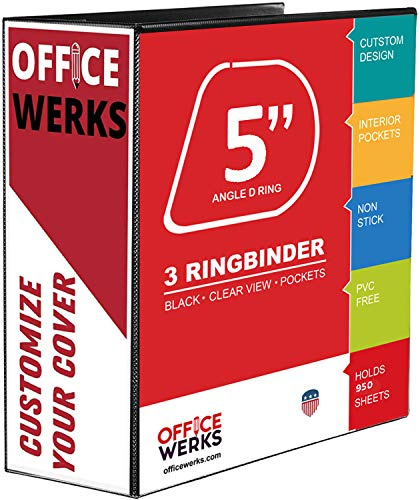 3 Ring Binders, 5 Capacity D-Rings, 8.5 x 11 Presentation Folder with Pockets, Durable Non-Stick Clear Cover for Documents, Files, Projects (Black)