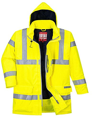 Portwest S778 Parka Bizflame Rain Multirisque Poche Poitrine Intérieure | Jaune, S, EN ISO 20471 Classe 3, UPF 40+, EN 1149-5, Capuche Enroulable, Poignets Bord Côte, Haute Visibilité, Imperméable