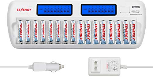 Tenergy TN438 16-Slot Smart Battery Charger for AA AAA NiMH NiCd Batteries with LCD Display + 8 AA and 8 AAA Premium Rechargeable Batteries