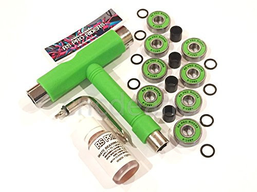 RS Pro Riders 8X ABEC 9 BEARINGS COMPLETE SKATEBOARD SPACER HARDWARE MAINTENANCE TOOL KIT (GREEN)