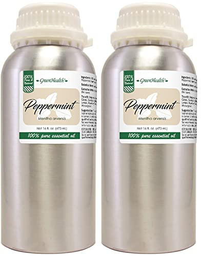 GreenHealth Peppermint Essential Oil – 2 Pack (16 fl oz Each) – 100% Pure & Uncut – Strong Menthol Scent – Aluminum Bottles for Diffusers, Cleaning, DIY Use