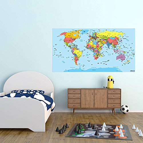 Mappa del mondo, decorazione da parete autoadesiva, in vinile, senza bolle, 114 x 60 cm