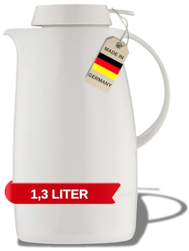 Helios Servitherm - Bouteille Isotherme - Blanc - 1,3 l - 6 h - Garde Les Boissons Chaudes et Froides - Utilisation d'une Seule Main - Design Robuste pour café et thé