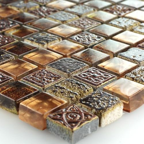 Glas Kalkstein Marmor Mosaik Fliesen Braun Gold Mix 15x15x8mm
