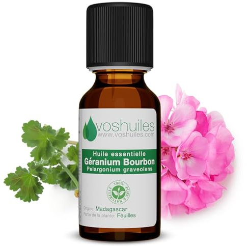 VOSHUILES - Huile Essentielle de Géranium Bourbon - 5ml - 100% Pure et Naturelle - Pelargonium Graveolens - Cosmétique et Parfumerie - Parfum Intense Mentholé