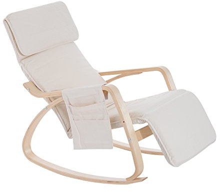 HOMCOM Rocking Lounge Chair Recliner Relaxation Lounging Relaxing Seat with Adjustable Footrest, Side Pocket and Pillow, Cream White