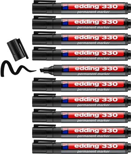 edding 330 permanent marker - black - 10 pens - chisel tip 1-5 mm - waterproof, quick-drying, smear-proof pens - for cardboard, plastic, glass, wood, metal and fabric