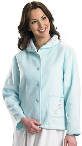 Slenderella Ladies Soft Polar Fleece Button Up Bed Jacket Floral Embroidered Detail House Coat UK 12/14 (Mint Green)