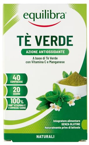 Equilibra Integratori Alimentari, Tè Verde, Integratore Antiossidante con Vitamina C e Manganese, Drenaggio dei Liquidi Corporei e Protezione delle Cellule dallo Stress Ossidativo, 40 Compresse