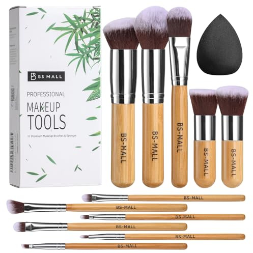 BS Mall bamboo Silver Premium Synthetic Kabuki Makeup Brush Set Cosmetics Foundation Blending Blush Face Powder Brush Makeup Brush Kit with Black Tear Drop Makeup Blender Sponges (11PCSBAMBOO)