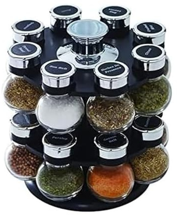 Kamenstein 16 Jar Ellington Revolving Countertop Spice Rack with Lift & Pour Caps and Spices Included, FREE Spice Refills for 5 Years: Black and Chrome