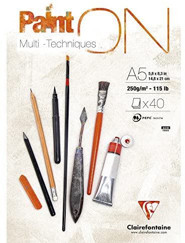 Clairefontaine 96538C - Malblock / Zeichenblock PaintON feinkörnig DIN A5 14,8x21 cm, kopfseitig geleimt, 40 Blatt, 250g, 100% Zellulose, Korrekturen möglich, ideal für Mixmedia, Weiß, 1 Stück