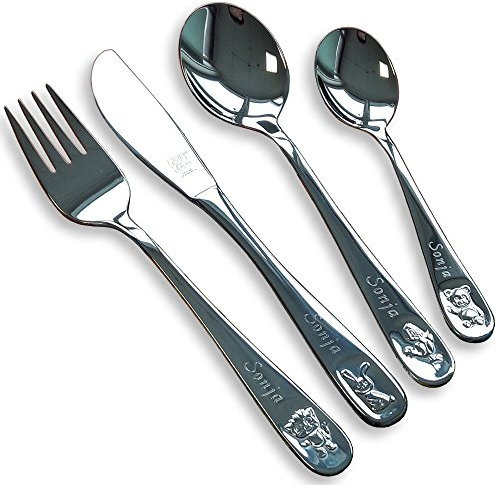 Zwilling Bino Kinderbesteck mit Gravur (z.B. Namen) 4tlg. inkl. Namensgravur auf der Vorderseite, Taufgeschenke Geschenke zur Geburt Taufe für Mädchen & Jungen