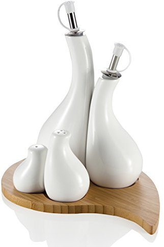 Brandani 55452 - Juego de aceitera, vinagrera, salero y pimentero (4 Unidades, con Soporte, Porcelana y bambú)