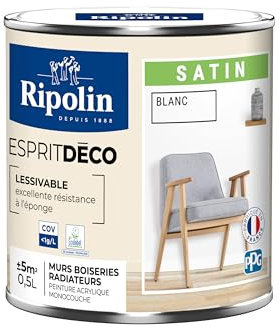 RIPOLIN - Peinture Intérieure Multi-Supports – Murs, Boiseries & Radiateurs – Ultra-Couvrante – Lessivable – Application Facile – Ecolabel - Satin - 0,5L - Blanc