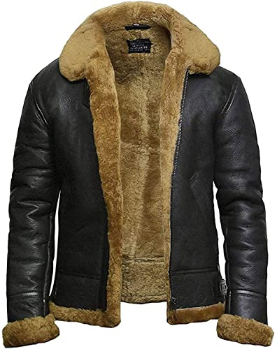 Brandslock Herren-Bomberjacke aus echtem Lammfell/Schafsleder, Pilotenjacke, B3-WWII-Fliegerjacke, Cockpit, dicke Wolle innen Gr. XL, braun