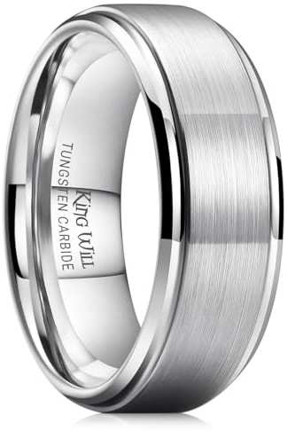 King Will Men's Silver Tungsten Carbide Ring 8mm Polished Step Edge Matte Brushed Finish Center Wedding Band(11)