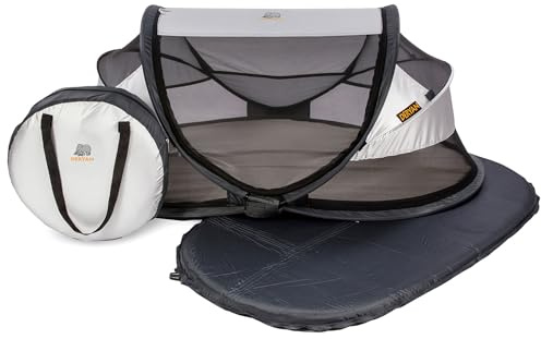Deryan Cuna de Viaje, Bolsa Transporte, 2 en 1, Plegado ultracompacto, Colchón extraíble, con Mosquitera, 0-2.5 años (0-15kg), Tela Transpirable, Entrada Lateral con Cremallera, Parque bebé (Plateado)