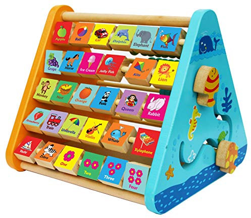 TOWO Holzspielzeug Motorikspielzeug Spielcenter aus Holz mit Schreibtafel Abakus Buchstaben Zahlen Farben Uhr Bilder - Lernspielzeug ab 1 Jahr - Geschenkidee Geburtstag Baby Kind Kleinkind