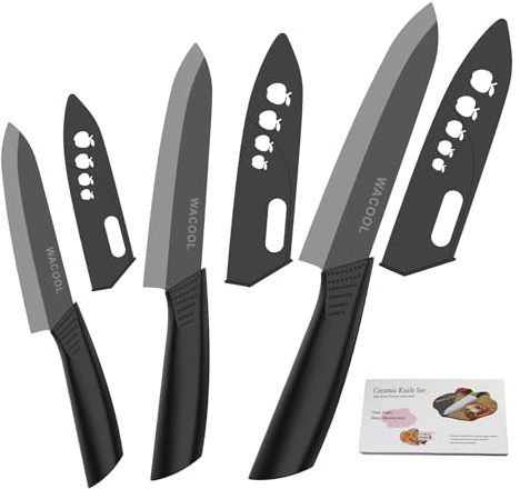 WACOOL Ceramic Knife Set 3-Piece (Includes 6-inch Chef's Knife, 5-inch Utility Knife and 4-inch Fruit Paring Knife), with 3 Knife Sheaths for Each Blade (Black Hand)