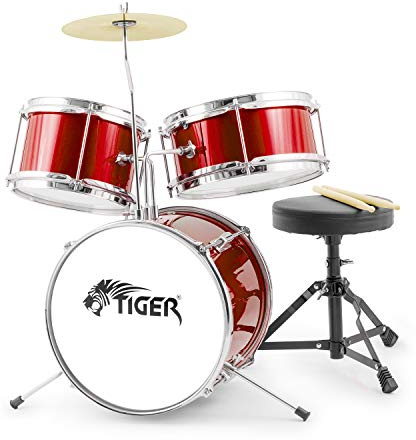 TIGER JDS7-RD Junior Kids Drum Kit - 3-Piece Beginners Childrens Drum Set with Snare, Tom, Bass Drum, Bass Drum Pedal, Cymbal, Throne and Sticks - Red