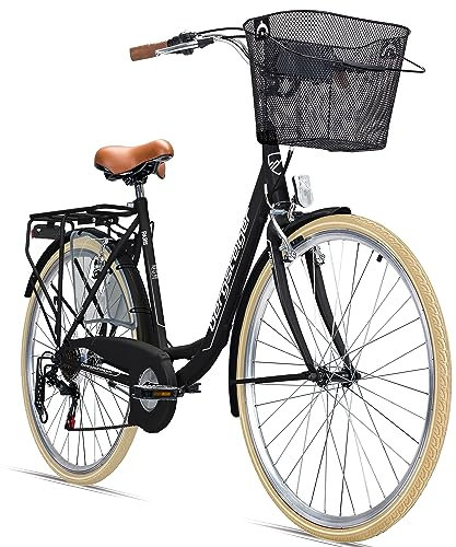 Bergsteiger Paris 26,28 Zoll Damenfahrrad, ab 140 cm, Korb, Fahrrad-Licht, 6 Gang-Schaltung, Damen-Citybike, Damenrad im Retro-Design
