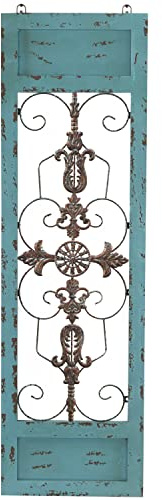 Deco 79 Wood Scroll Home Wall Decor Arabesque Wall Sculpture with Metal Fleur De Lis Relief, Wall Art 14 x 1 x 47, Teal