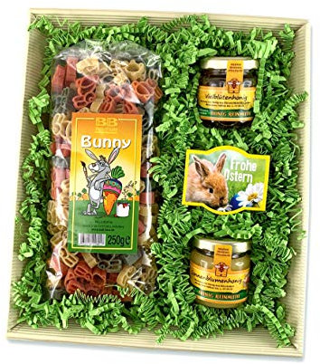 Bull & Bear Geschenkkorb mit Osterhasen Motivnudeln 250g, zwei Gläsern Honig und Frohe Ostern Blumensamen, Geschenk zu Ostern