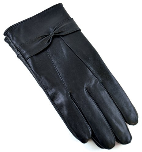 RJM Ladies Lined Black Sheepskin Leather Gloves With Bow Size M/L