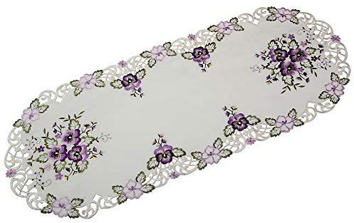 Quinnyshop Lila Stiefmütterchen Stickerei Tischläufer 45 x 110 cm Oval Polyester, Weiß