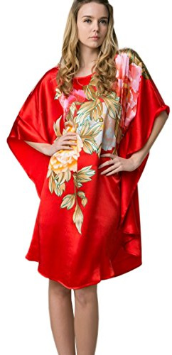 Prettystern Peignoir Nuisette Femme Long Grande Taille Chemise de Nuit 100% Soie Kimono Peinture à la Main
