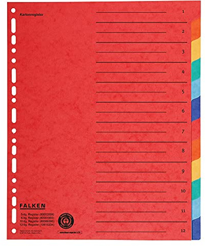 Falken Lot de 12 intercalaires en carton pour format A4+ 24,5 x 30 cm, pleine hauteur avec impression organisationnelle, couleur unie 2 x 6 couleurs pour le rangement des pochettes prospectus
