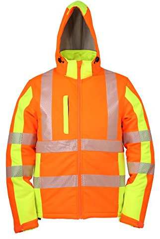 Warnschutz-Softshelljacke Winter, warm gefüttert, abnehmbare Kapuze (M, Warnorange/Neongelb) winddicht, wasserabweisend, atmungsaktiv, mit Reflexstreifen, Warnschutzjacke Softshell Arbeitsjacke