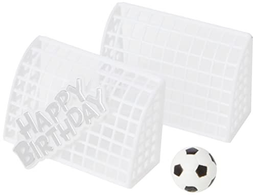 Anniversary House Football Cake Topper Set, Football Cake Decorations, Football Birthday Decorations, Cake Decorations for Men, Football, Goalposts & Silver Happy Birthday Motto, Pack of 4, BU191