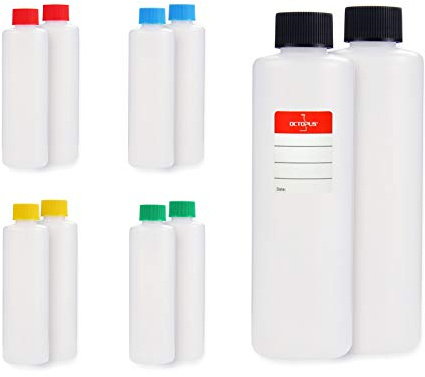 Octopus 10 x 250 ml Kunststoffflaschen, HDPE Plastikflaschen mit bunten Schraubverschlüssen, runde Leerflaschen mit farbigen Schraubdeckeln, Rundflaschen inkl. 10 Beschriftungsetiketten