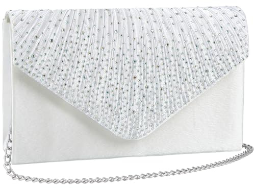 wocharm Womens Ladies Satin Diamante Clutch Bag Envelope Handbag Evening Bridal Bag Wedding Fashion Prom Vintage Shoulder Bags(Ivory)