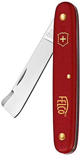 FELCO 3.90 20 ympkniv och okularkniv universell, 57 mm rostfritt stålblad lätt böjt, rött nylonhandtag med barklyft, verktyg för ympning och knoppning, 35 g, schweizisk tillverkning