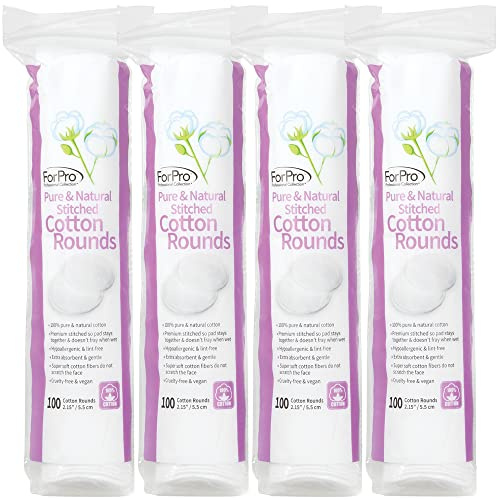 ForPro Pure & Natural Stitched Cotton Rounds for Face (400-Count), 100% Pure Cotton Makeup Remover Pads, Hypoallergenic, Lint-Free, Vegan & Cruelty-Free, Pack of 4-100 Cotton Pads