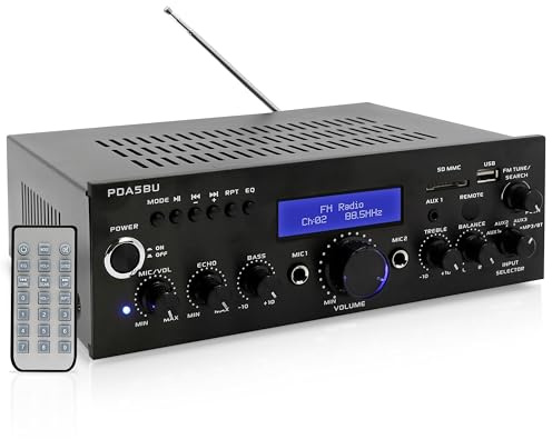 200 Watt Audio Stereo Receiver - Wireless Bluetooth Home Power Amplifier Home Entertainment System w/ AUX IN, USB Port, DVD CD Player, AM FM Radio, 2 Karaoke Microphone Input, Remote - Pyle PDA5BU.0