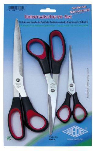 Wedo 9763 Universalscheren-Set (rostfreier Edelstahl, 3-teilig, Kunststoff Softgriffe 16/21/25,5 cm) schwarz/rot
