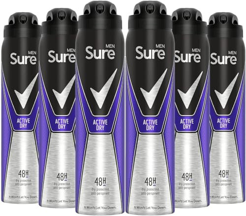 Sure Men Active Dry Anti-Perspirant Aerosol Men's Deodorant Spray with MotionSense technology for 48 hour protection against sweat and odour 6x 150 ml