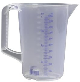 hünersdorff Messbecher 1l | Polypropylen (PP) | bruchsicher und spülmaschinengeeignet | geschlossener Griff | blaue Skala, Transparent+blau