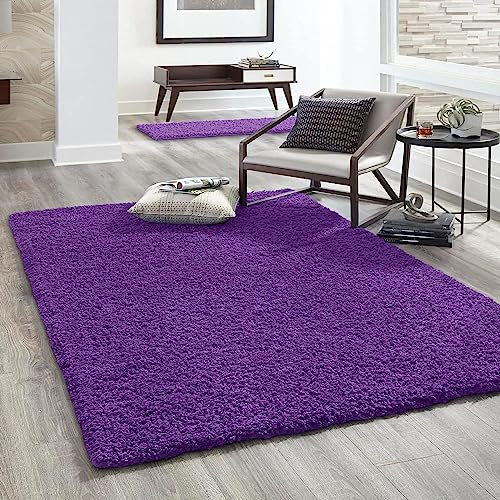 Shaggy Teppich Farbe Hochflor Langflor Teppiche Modern Uni Farben, Farbe:Lila, Maße:Ø 80 cm Rund