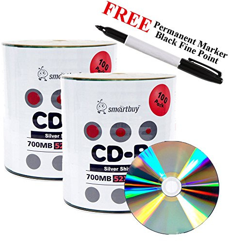 Smartbuy 200-disc 700mb/80min 52x CD-R Silver Shiny Blank Recordable Disc + Black Permanent Marker