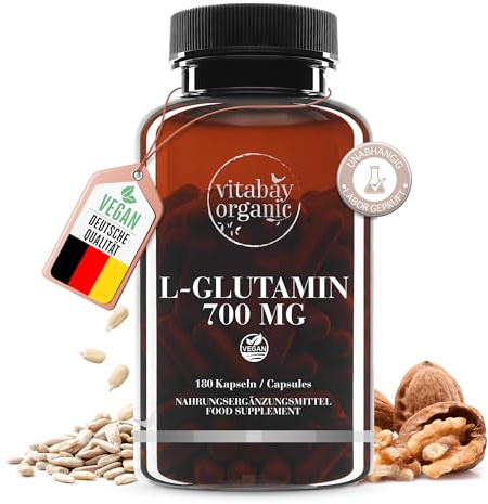 Vitabay L-Glutamin Kapseln 700 mg – 180 vegane Kapseln mit L-Glutamin – Hochdosiertes Aminosäure Supplement – Laborgeprüft in Deutschland