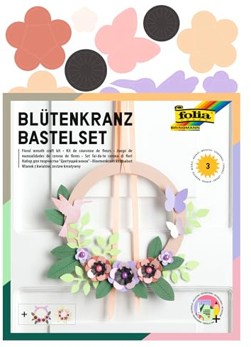 Folia 21904 Kit de bricolage pour 3 couronnes de différentes tailles avec fleurs en papier, pour une décoration intemporelle, multicolore, taille unique, Coloré