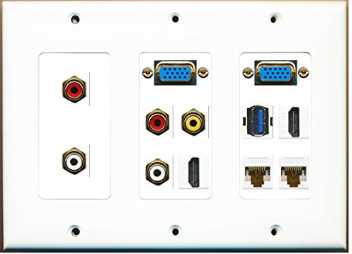 RiteAV - (3 Gang) 2 Svga-HDMI-Cat6 + 2 RCA Red + White RCA Yellow USB 3 Wall Plate White