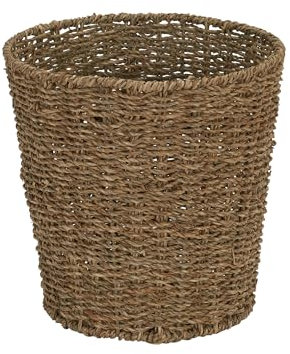Household Essentials Seagrass Wicker Waste Basket with Handwoven Fibers and Metal Frame, Natural Golden‑Brown Finish