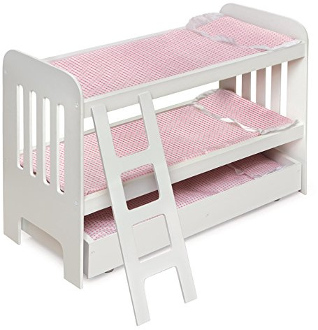 Badger Basket Doll Bunk Bed with Bedding, Ladder, and Free Personalized Kit - Fits Dolls Up to 22 Inches - Ideal for Girl Dolls and Baby Dolls for Pretend Play - White/Pink