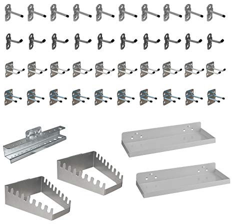 ADB Lochblech Hakensortiment 45-teilig - pulverbeschichtet, RAL 9006, für 10x10 mm Vierkantlochung, inkl. Haken, Halter und Ablageböden